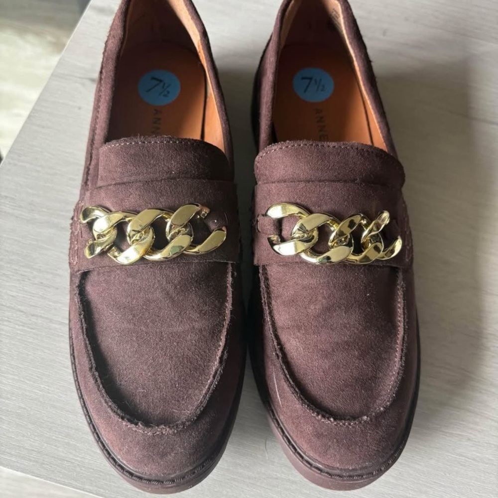 Brown Suede Loafers with Gold Chain